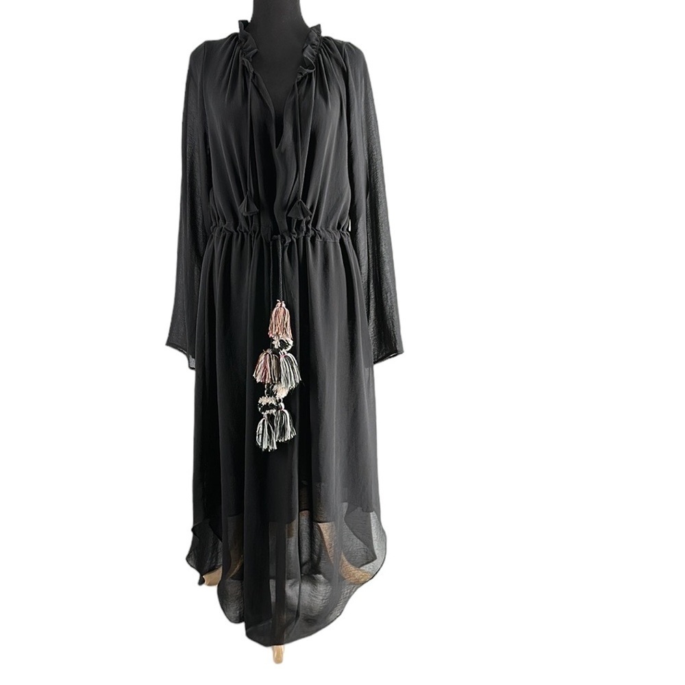 Misa Los Angeles dress Black V Neck Tassel Tie Waist Midi Dress boho artsy sz M